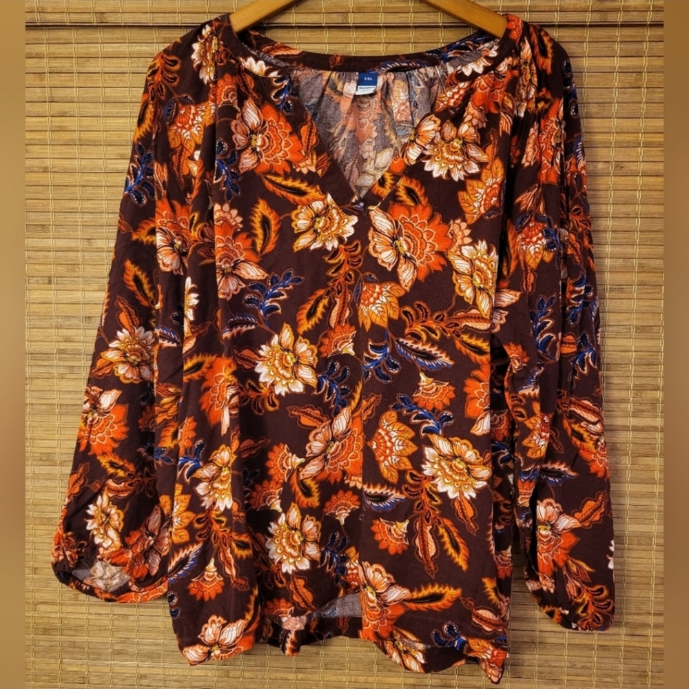 Boho Floral Long-Sleeve Split-Neck Peasant Top Women's XXL